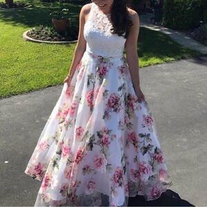 Jovani White and Pink Floral Prom Dress